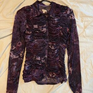 Pilcro Purple Floral Button Down Mesh Shirt
